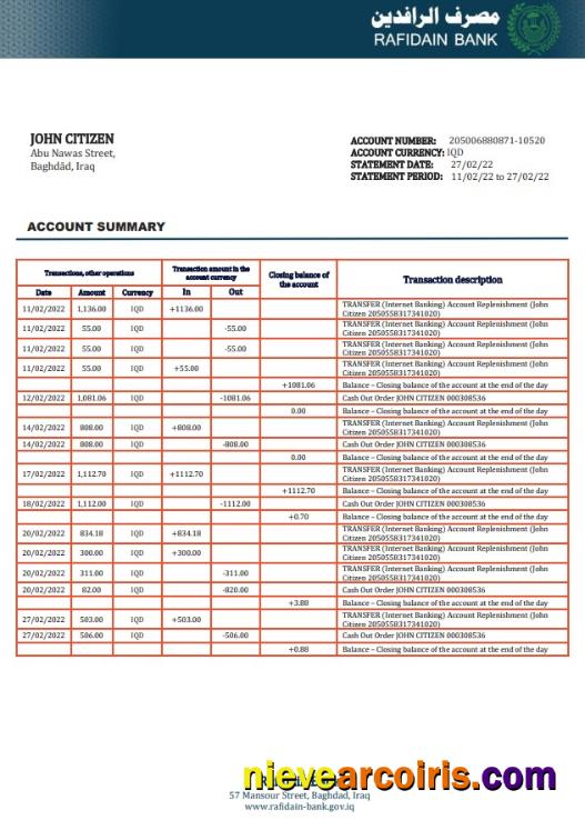 Iraq Rafidain proof of address Bank statement